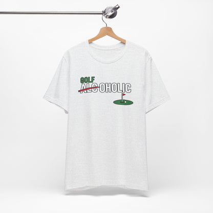 Golf-Aholic Tee — Funny Golfing T-Shirt with 'Golf' Over 'Alcoholic' Design