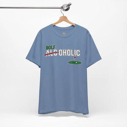 Golf-Aholic Tee — Funny Golfing T-Shirt with 'Golf' Over 'Alcoholic' Design