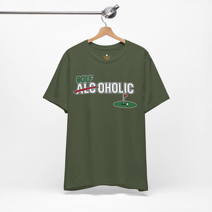 Golf-Aholic Tee — Funny Golfing T-Shirt with 'Golf' Over 'Alcoholic' Design