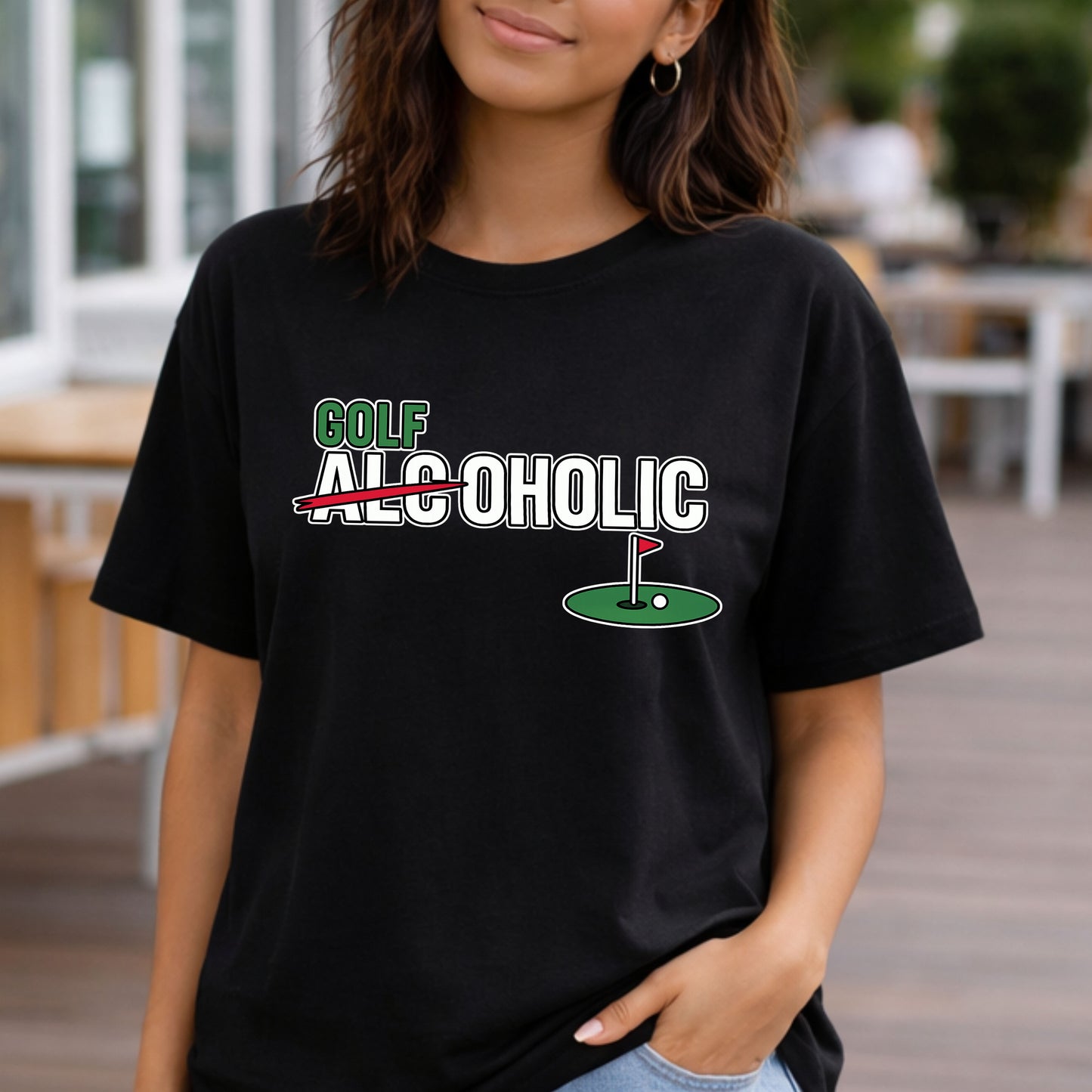 Golf-Aholic Tee — Funny Golfing T-Shirt with 'Golf' Over 'Alcoholic' Design