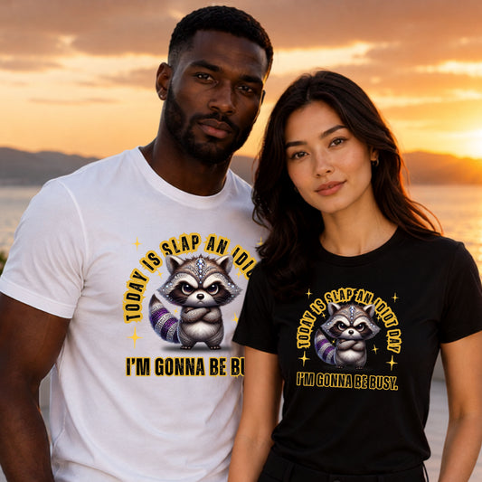 Raccoon Graphic Tee - "Today Is Slap An Idiot Day, I'm Gonna Be Busy" Funny Casual T‑Shirt