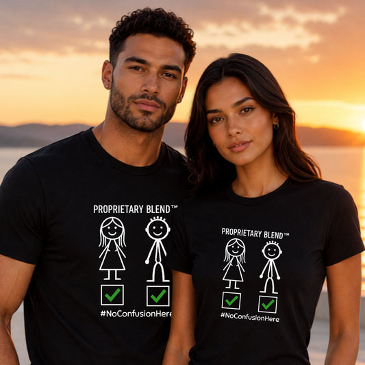 Gender Symbols Tee — "Proprietary Blend" Stick Figure Shirt with #NoConfusionHere