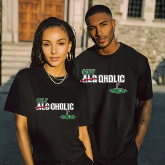 Golf-Aholic Tee — Funny Golfing T-Shirt with 'Golf' Over 'Alcoholic' Design