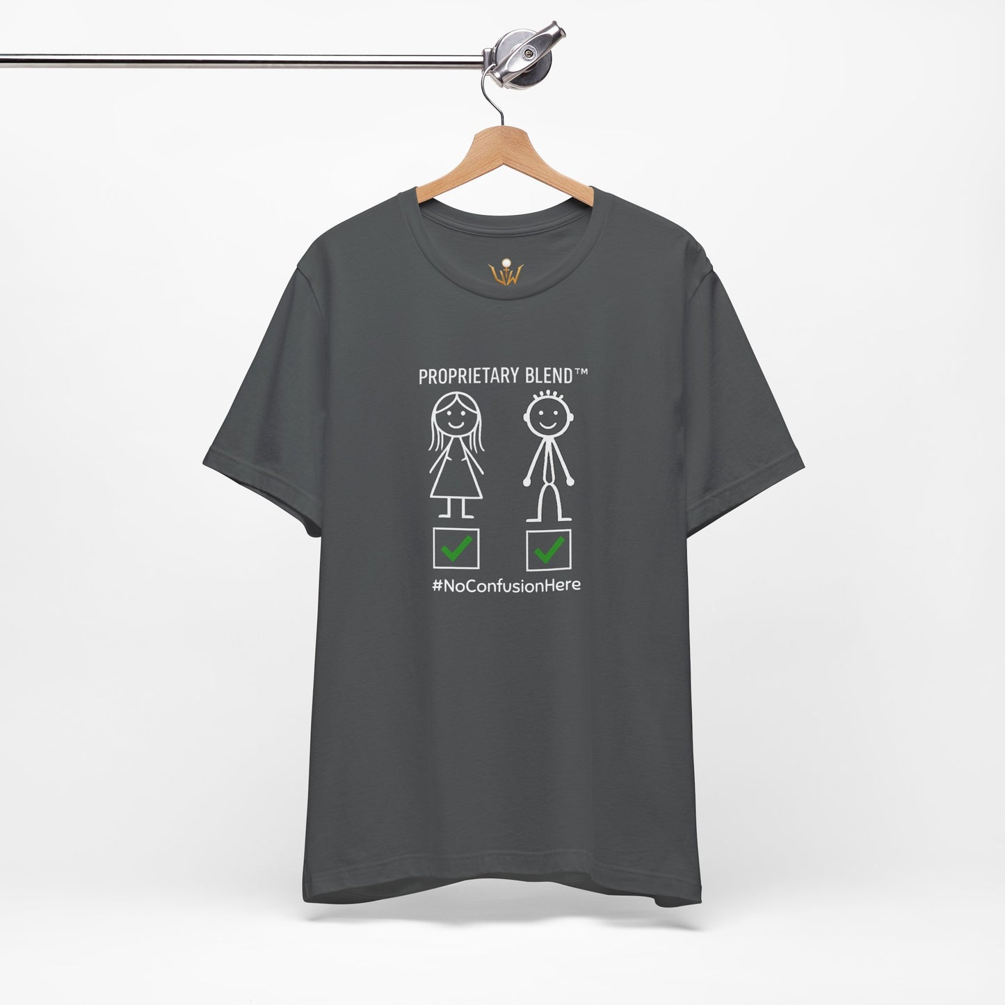 Gender Symbols Tee — "Proprietary Blend" Stick Figure Shirt with #NoConfusionHere